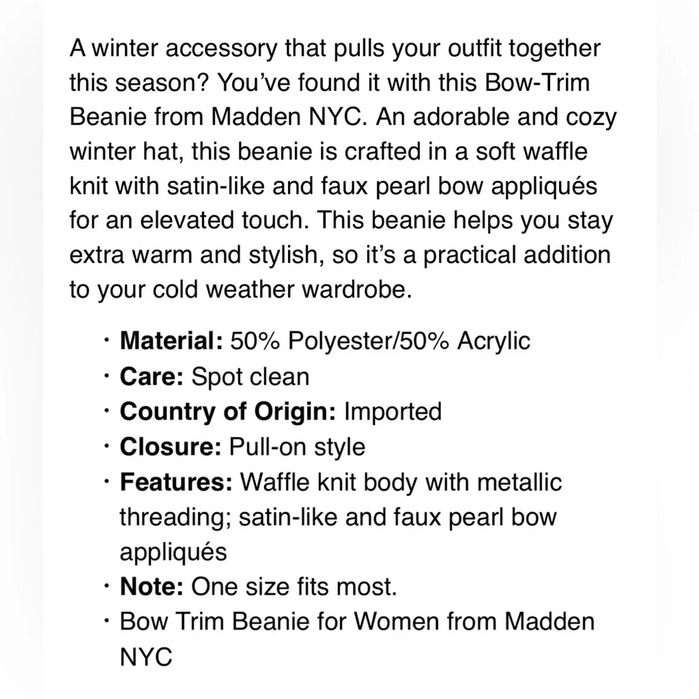 Madden NYC Chic Ivory Knit Beanie with Black Bows!‎ NWT!